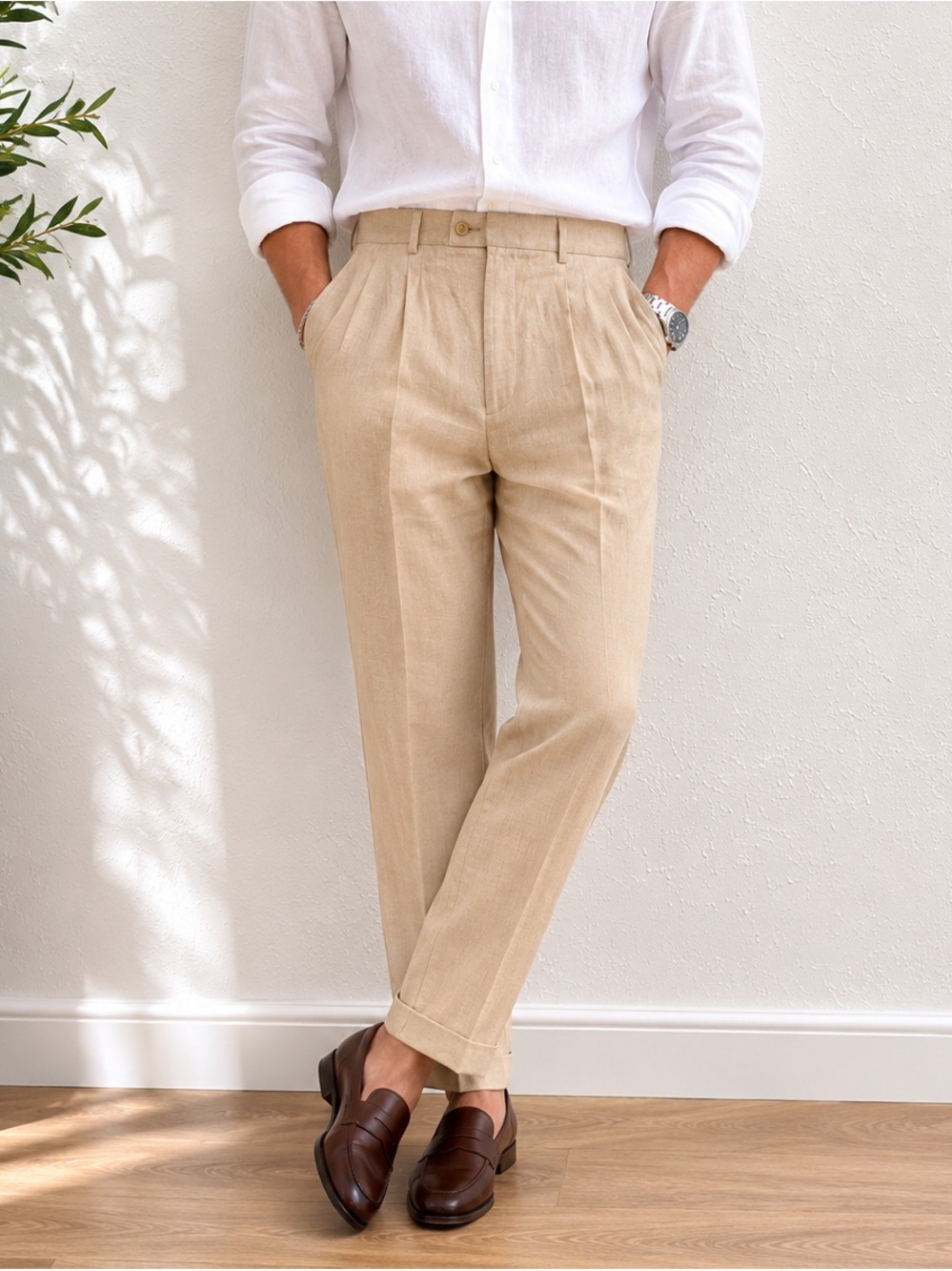 Alan Flusser Men's 100% linen Tan Pleated pants 38 X 32